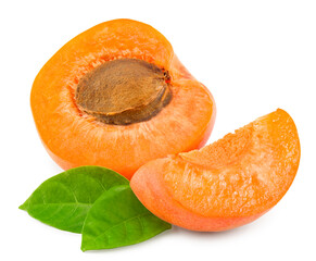 apricot fruits with slices and green leaf isolated on white background. clipping path