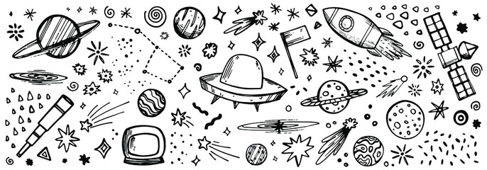 vector set of layered space elements: rocket, spaceship, shooting stars and comet, Milky Way, Moon, Mars, Saturn, Neptune, Mercury, Ursa Major, spyglass, confetti, Space probe, flag, astronaut, planet © christina kostiv