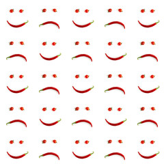 A pattern of funny and sad emoticons. Cherry tomato and chili emoticons.