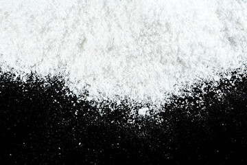 Top view of white snow isolated on a black background. Pile of snow.