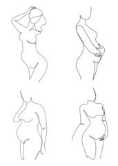 Collection. Silhouettes of the figure of a girl in a modern one-line style. The woman is pregnant. Solid line, aesthetic outline for decor, posters, stickers, logo. Vector illustration set.