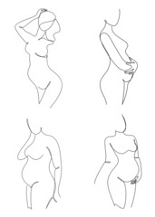 Collection. Silhouettes of the figure of a girl in a modern one-line style. The woman is pregnant. Solid line, aesthetic outline for decor, posters, stickers, logo. Vector illustration set.