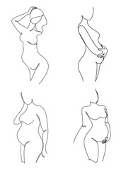 Collection. Silhouettes of the figure of a girl in a modern one-line style. The woman is pregnant. Solid line, aesthetic outline for decor, posters, stickers, logo. Vector illustration set.