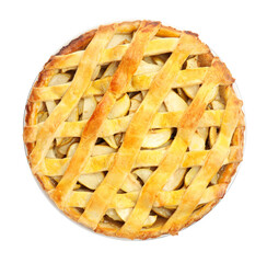 Delicious traditional apple pie isolated on white, top view