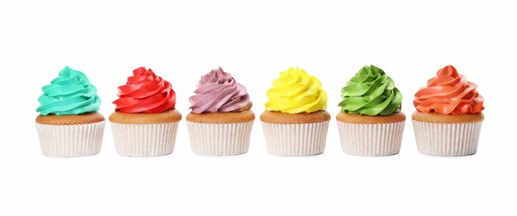 Different delicious colorful cupcakes on white background