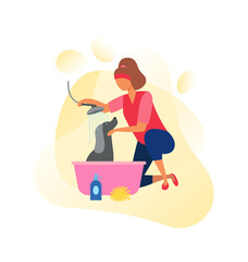 Woman with a dog. Washes his pet. Love and care for pets. Vector flat illustration isolated on white background.