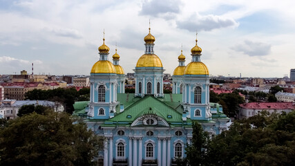 Fototapeta na wymiar Flight on a copter over the Nikolsky Naval Cathedral in St. Petersburg.