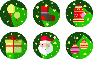 A vector set of flat christmas icons with santa, holiday socks and mitten, candy stick, snowman and ornaments for greeting cards and winter decorations in green , red and golden colors. 