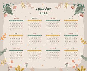 Hand-drawn botanical leaves home decor 2022 planner calendar with all months.