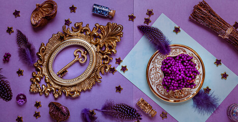 Flat lay with purple decoration