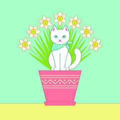 A white cat sits in a pot with narcissus flowers. Vector illustration for festive design.