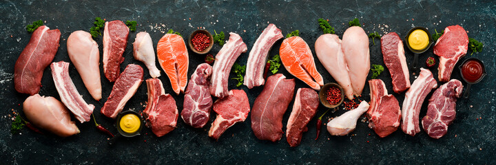 Set of various classic, alternative raw meat, veal beef steaks, pork, chicken fillet, fish, salmon...