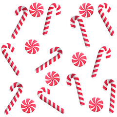 Fototapeta premium Christmas seamless pattern on white with candy canes and caramel. Sweet lollipop for winter holiday. Vector blue background for wrapping paper, fabric print, greeting cards design.