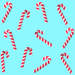 Obraz premium Christmas seamless pattern on cian with candy canes and caramel. Sweet lollipop for holiday. Vector blue background for wrapping paper, fabric print, greeting cards design.