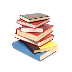 Stack of red, yellow and blue books in colour covers with white sheets isolated on a white background