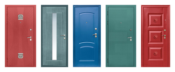 Set of models of entrance metal doors isolated on white background