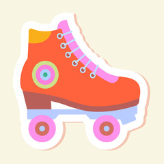 Hippie sticker concept. Colorful icon with roller skate. Hipster red shoe on wheels for riding. Design element for social networks, applications and websites. Cartoon modern flat vector illustration