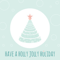 A vector illustration of a christmas tree in geometric form with a star on the top. The illustration is made in turquoise, white and pink colours, good for digital and printed use