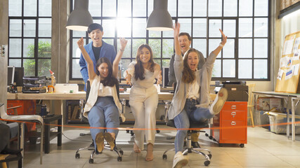 A Relax happy group of multi ethnic business team employee people having fun, doing activity together in party in meeting room office. Business analysis. People lifestyle. Celebration. Cooperation