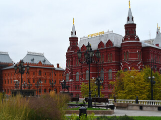 Russia, Moscow, September, 2021: Historical Museum on Red Square. View from Manezhnaya Square.