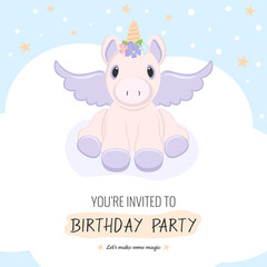 Obraz na płótnie Canvas Invitation background with unicorn sitting on cloud for birthday party
