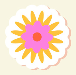 Hippie sticker concept. Colorful icon with multicolored flower. Blooming plant in garden. Design element for social networks, applications and websites. Cartoon modern flat vector illustration