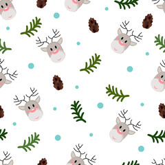 Christmas seamless pattern with deer heads, spruce branches and cones on white background
