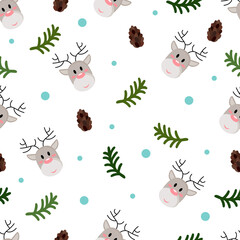 Obraz premium Christmas seamless pattern with deer heads, spruce branches and cones on white background