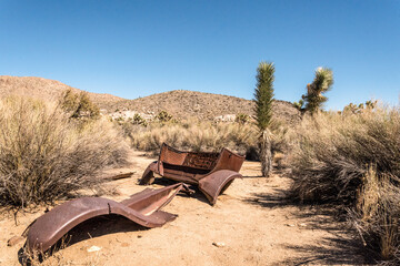 Old antique car wrecks from the old gold rush time in Joshua Tree National Park - obrazy, fototapety, plakaty