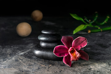Fototapeta na wymiar Stack of zen stones and flower on dark background