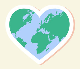 Hippie sticker concept. Colorful icon with planet Earth in shape of Heart. Design element for websites, applications and printing on paper. Caring for nature. Cartoon flat vector illustration