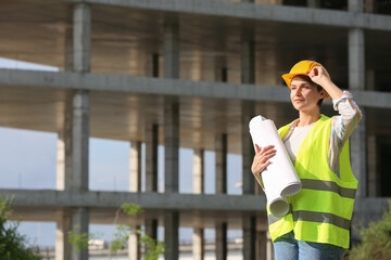 Female construction worker in hardhat with rolls of paper outdoors