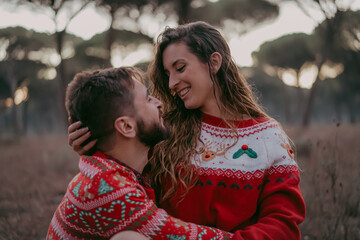 PAREJA DE ENAMORADOS CON JERSEIS NAVIDEÑOS