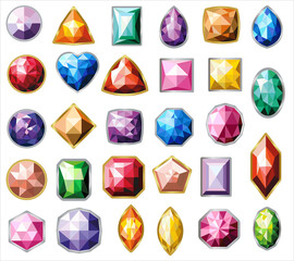 Isolated colorful gemstones of different types. Big set.