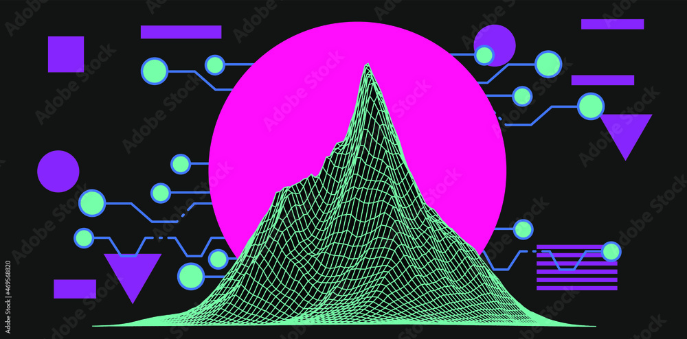 Aufkleber sci-fi landscape with 3d mountain terrain in retrofuturistic synthwave style.
