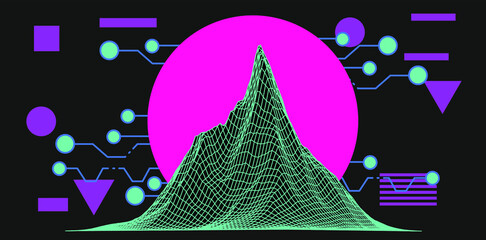 Sci-fi landscape with 3D mountain terrain in retrofuturistic synthwave style.