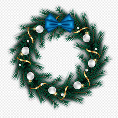 Fototapeta na wymiar Christmas wreath with pine branch white red Christmas ball and blue ribbon 