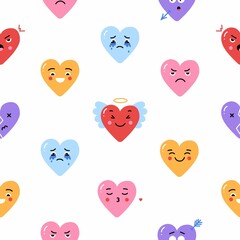 Hearts abstract Icons seamless Pattern on white background. Funny comic Faces with various Emotions in hearts. Different colorful characters. Cartoon style. Flat design. 