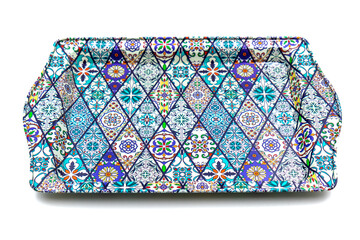Metal tray with traditional Turkish ornament on a white background.