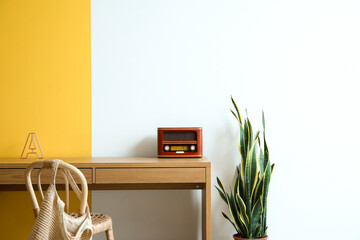 Decorative letter A, radio, chair and houseplant near color wall