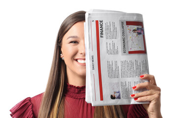 Smiling beautiful woman with newspaper on white background