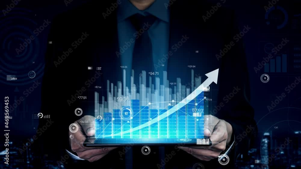 Poster double exposure image of business and finance conceptual - businessman with report chart up forward 