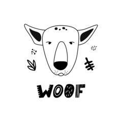 Funny Dog face poster with cute lettering in hand drawn style. Outline hand drawing. Perfect for t-shirt, apparel, cards, poster, nursery decoration. Isolated on white background vector illustration