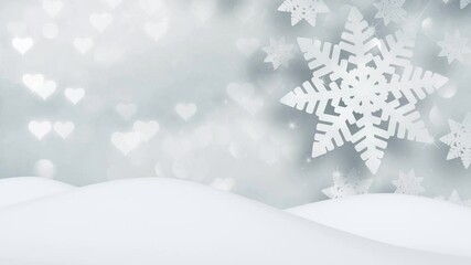 Cute xmas background with white snowy landscape and artistic snowflakes and hearts holiday christmas decoration background animation.