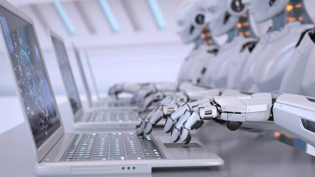Robots working with laptops. 3D animation