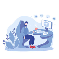 Smart man works at the computer. He has a great idea. Working at home. Work at home or in the office with a cup of coffee in a comfortable environment. Flat vector illustration in blue tones