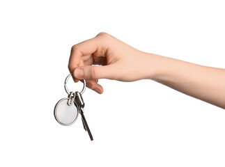 Female hand holding keys with round keychain on white background