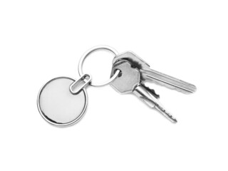 Stylish round keychain with keys on white background