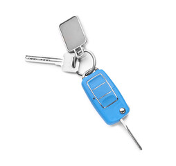 Stylish keychain with car key on white background