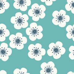 Seamless background with childish floral pattern. White flowers on a blue sea ​​color background. Floral baby background in flat style for printing on fabric, wallpaper, paper, curtains, tablecloths. 